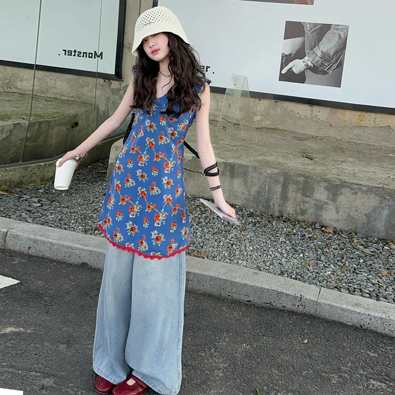 女童套装法式收腰碎花吊带裙上衣薄款牛仔裤子两件套2025夏童装新