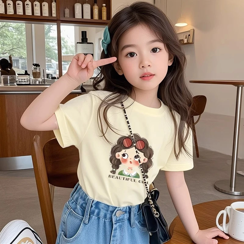 女童休闲t恤短袖2025新款纯色中大童洋气可爱儿童网红打底衫潮