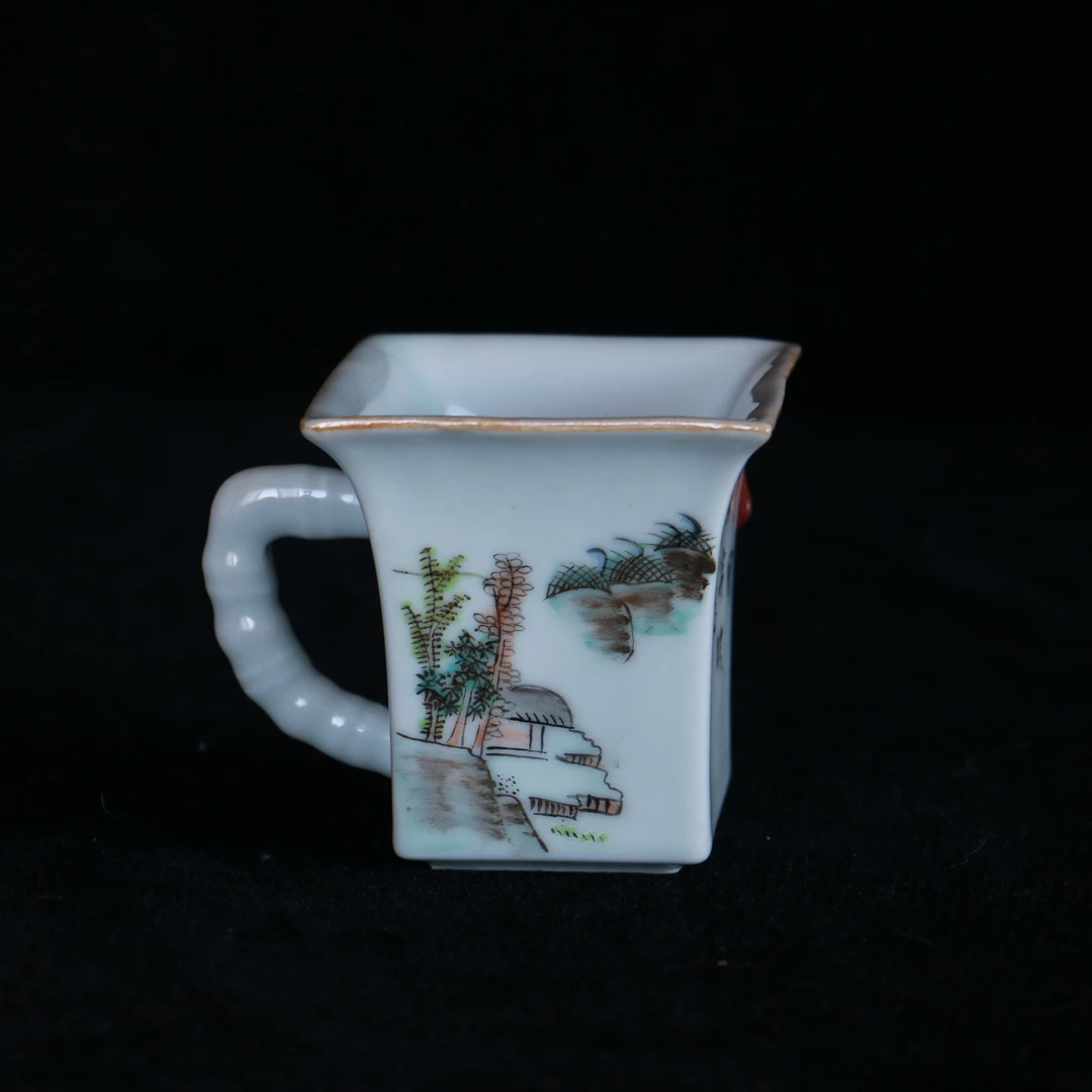 清晚粉彩诗文花鸟纹四方把手杯