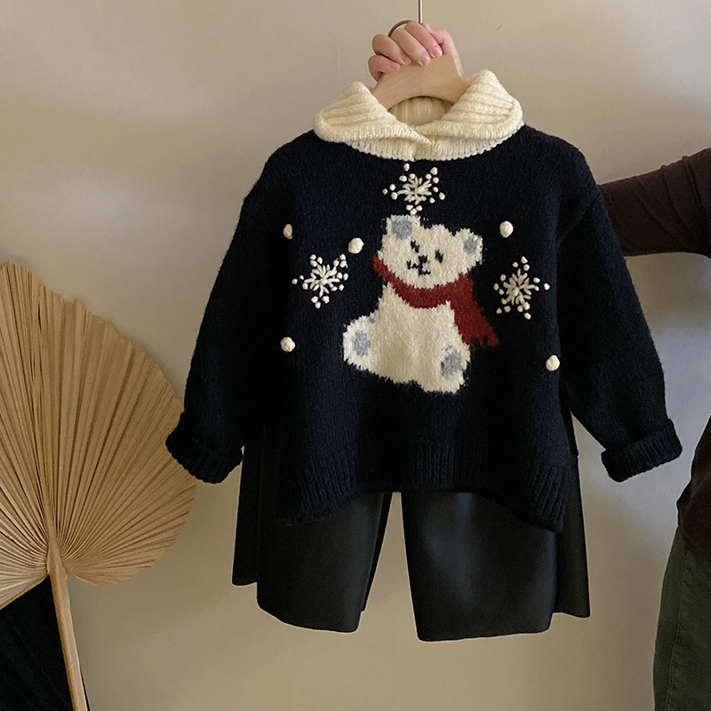 R24459女孩拼色圣诞小熊针织翻领毛衣2024秋冬装加绒保暖皮裤套装
