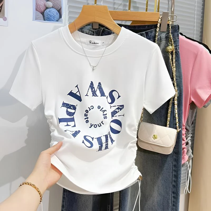 简约风设计感圆领时尚百搭收腰显瘦抽绳字母印花短袖上衣t恤女