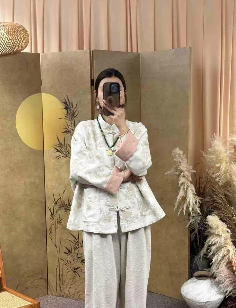 爱麻吖 春季新款亚麻提花新中式国风盘扣文艺双层外套