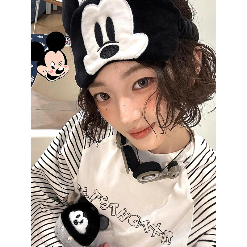 美式简约设计感双臂黑白条纹拼接圆领上衣女春秋薄款印花字母T恤