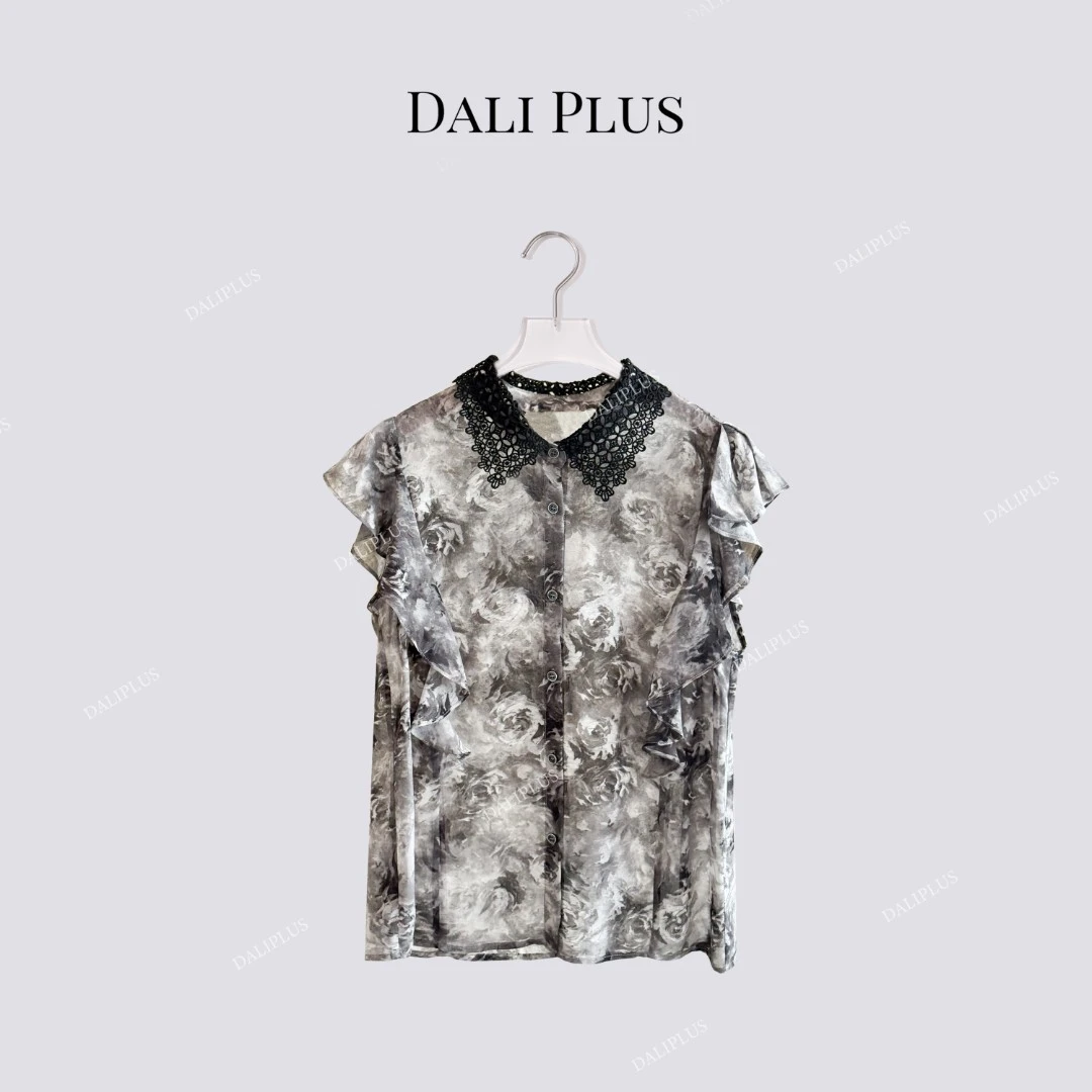DALI PLUS"水墨玫瑰"蕾丝娃娃领衬衫-D5SZ8131
