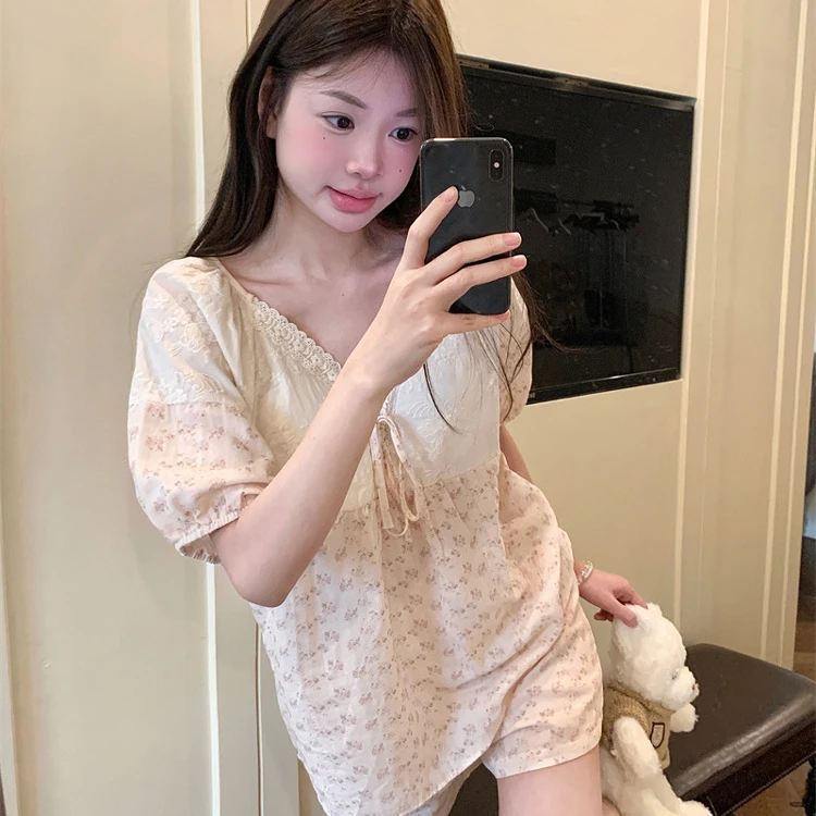 甜美碎花韩系睡衣女夏季2025新款大码吊带背心阔腿短裤家居服套装