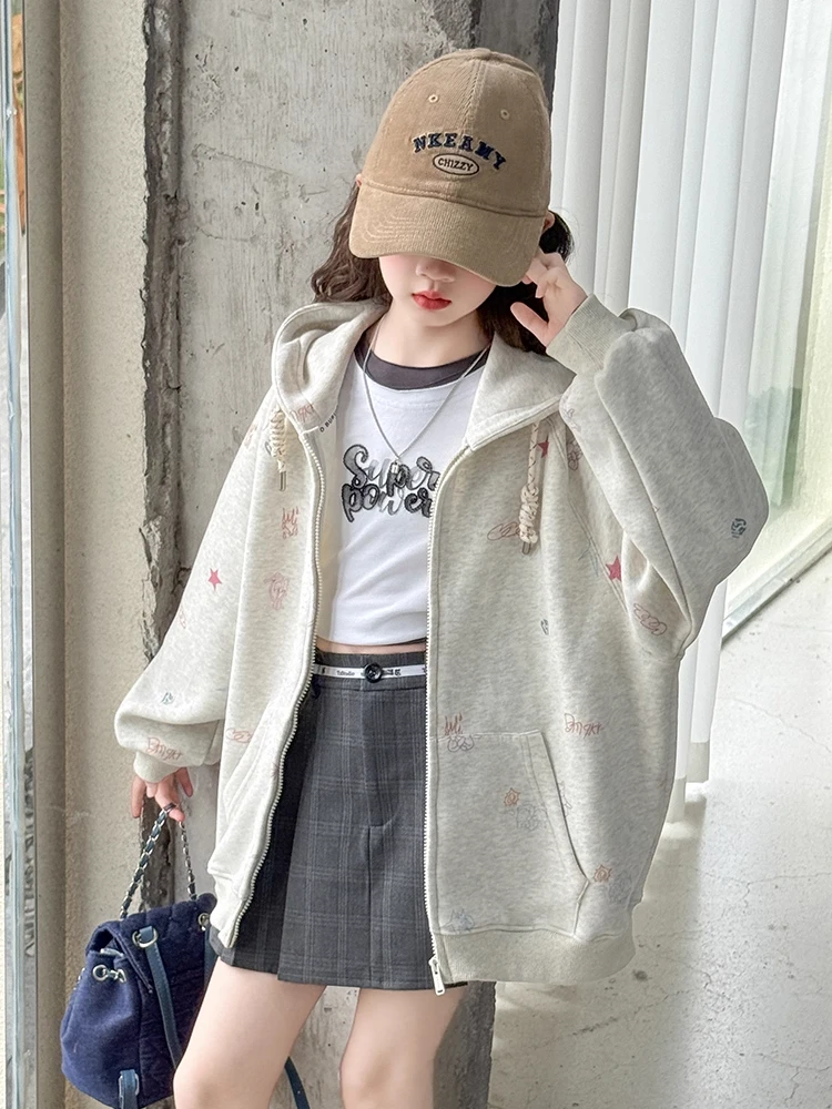 女童外套春秋款2025新款洋气儿童休闲连帽卫衣女大童秋季宽松上衣