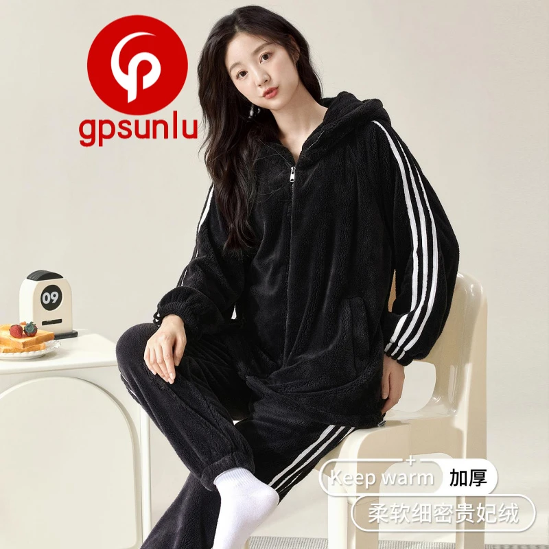 gpsunlu珊瑚绒睡衣女秋冬季加厚保暖连帽家居服2026新款法兰绒