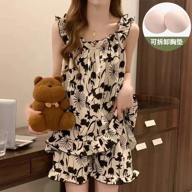 蝴蝶结图案夏季家居服吊带短裤套装自带衬垫舒适柔软透气两件套