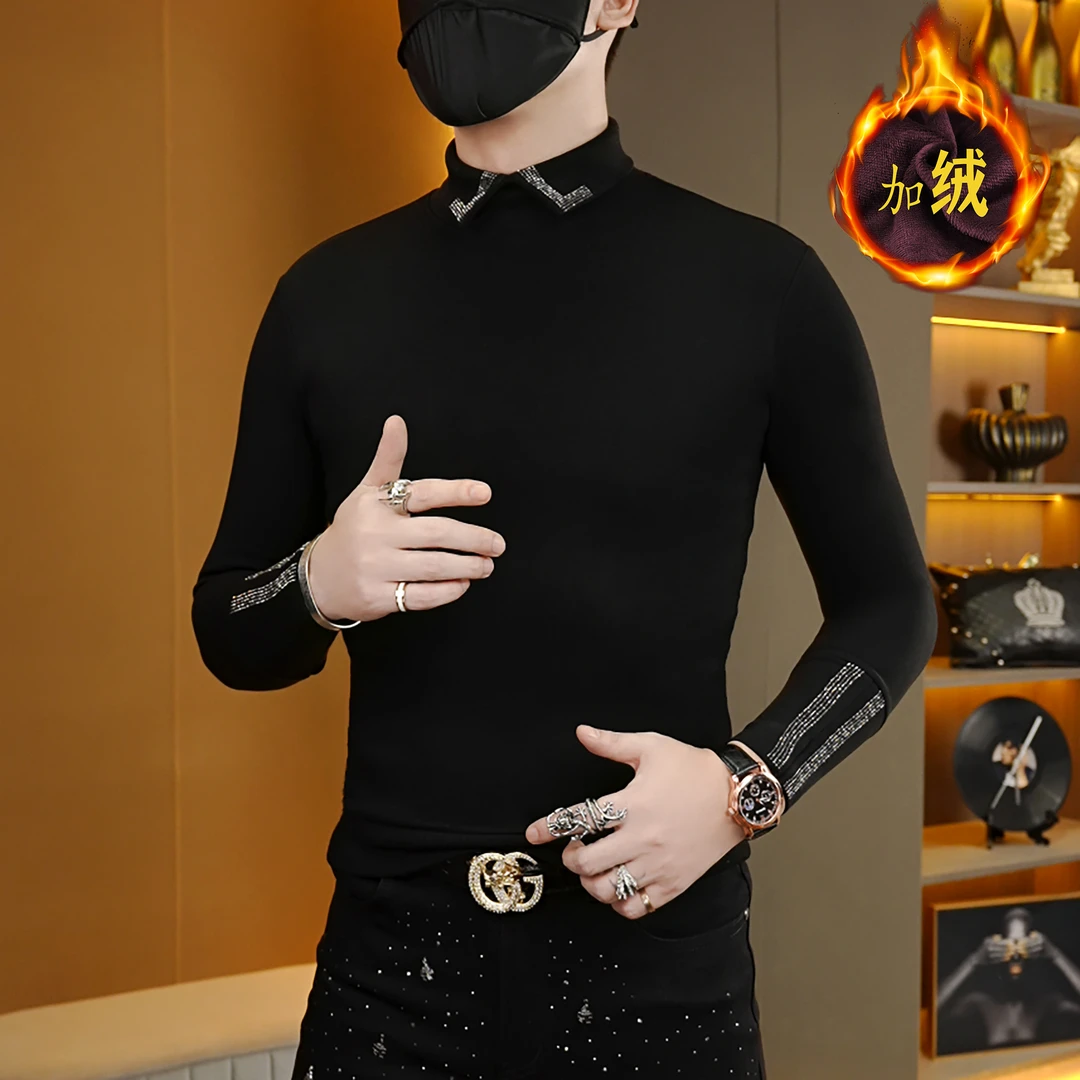 冬季潮流时尚网红个性百搭男士烫钻加绒修身打底衫半高领长袖卫衣