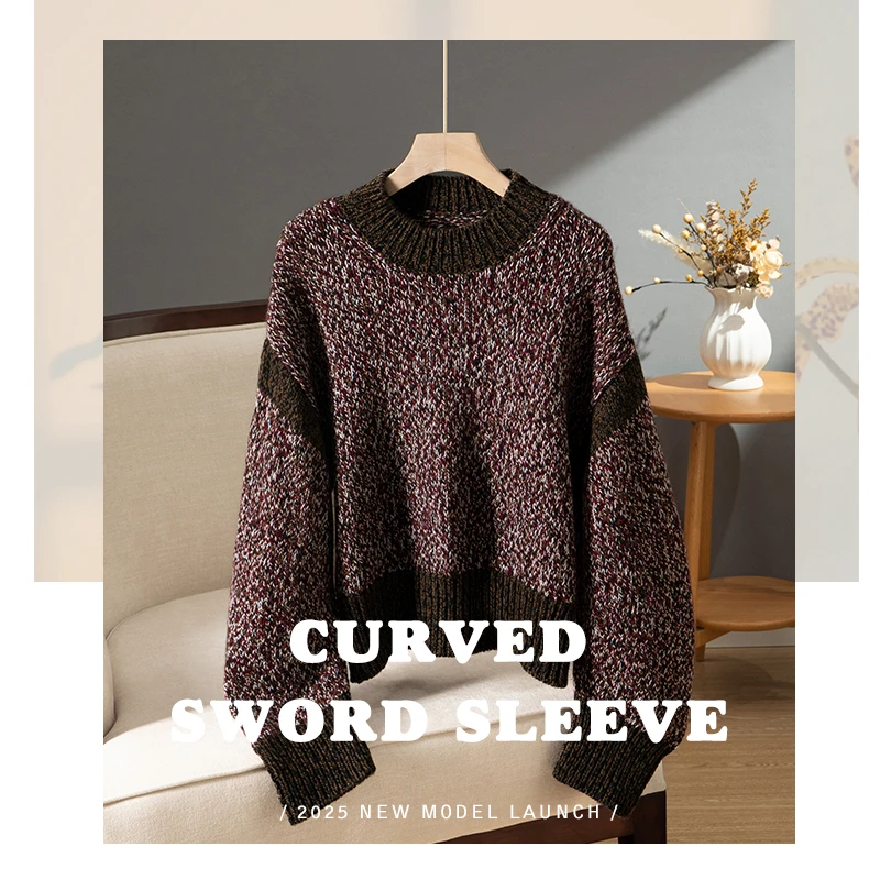 CoCoRoni绵羊毛混纺加厚款花纱弯刀袖圆领毛衣长袖针织