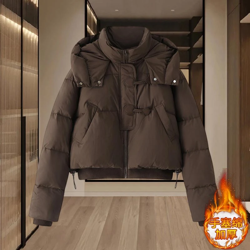 2025冬季新款洋气小个子短款棉服连帽皮扣外套女减龄棉衣保暖上衣