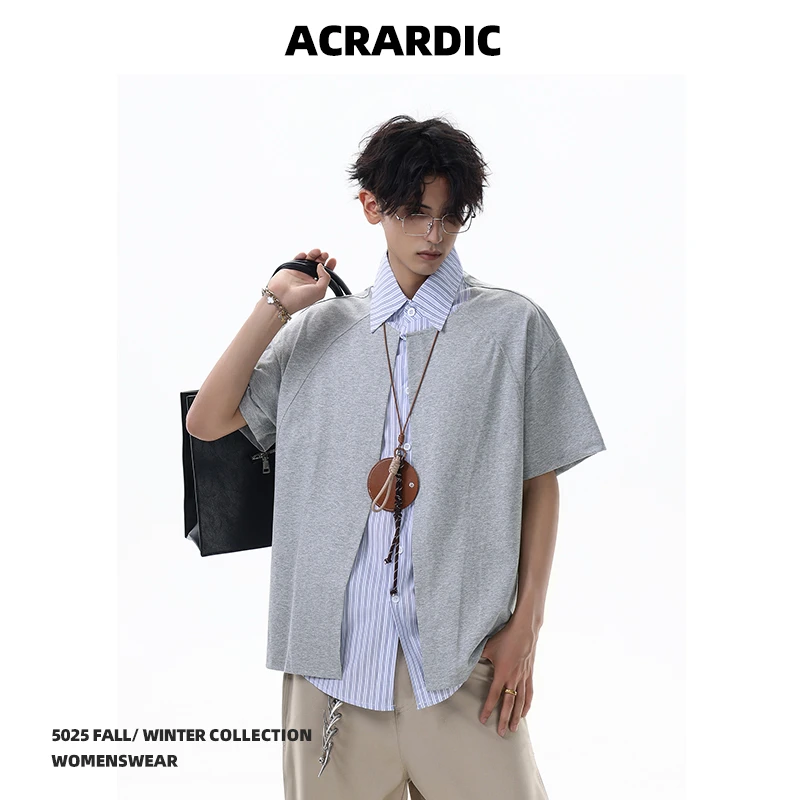 ACRARDIC2025设计感条纹假两件短袖衬衫男美式cleanfit休闲衬衣