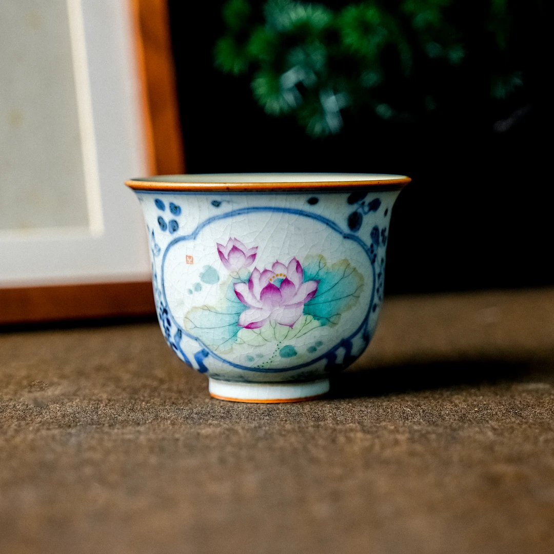 【朴云堂】鱼藻开窗荷花撇口杯-110ml（朴杯0528）