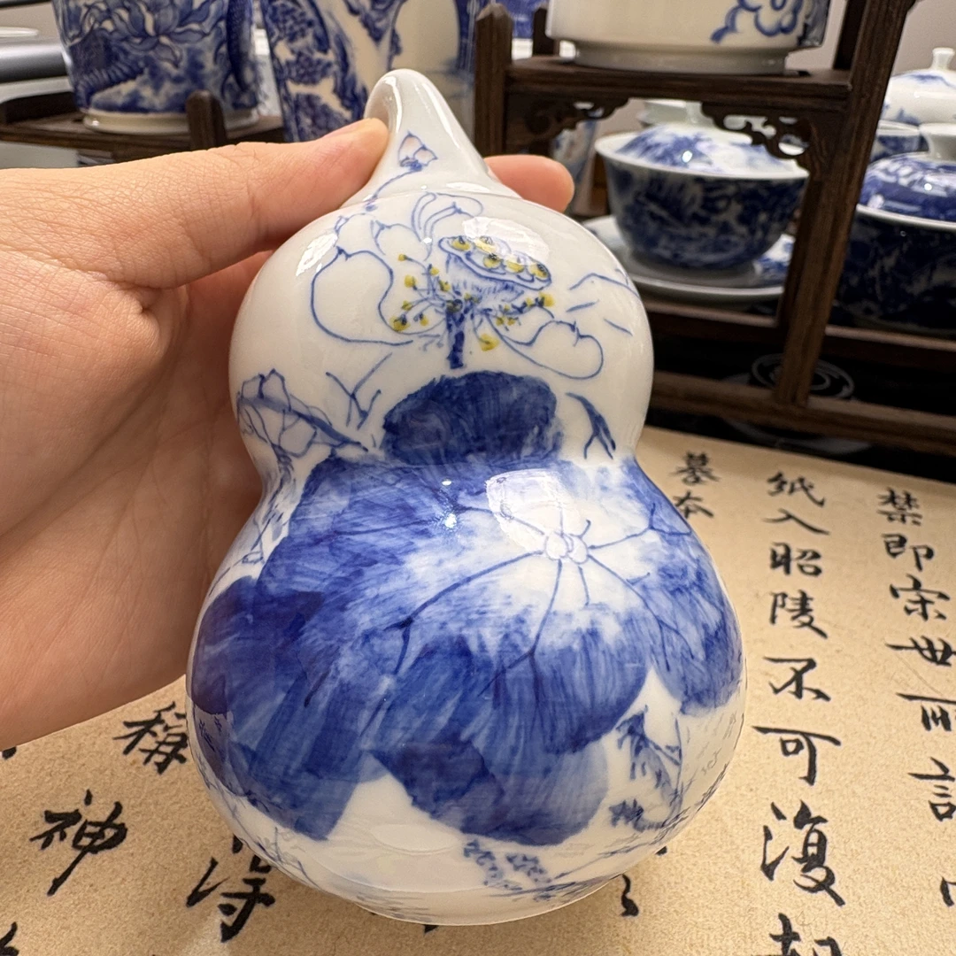 景德镇国画手绘写意风格青花瓷一体式葫芦摆件（不能分体）