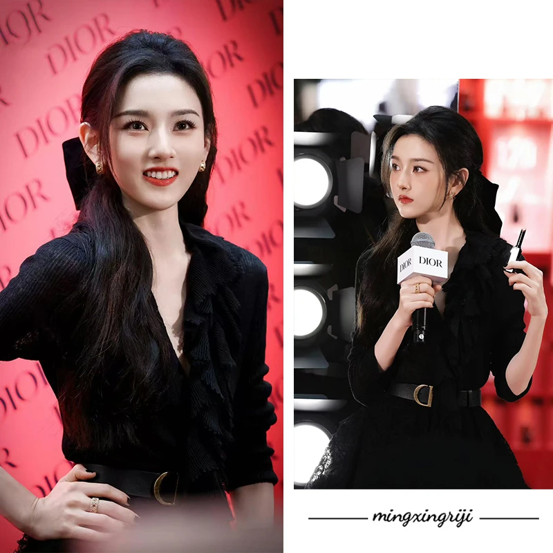 宋祖儿同款法式v领黑花边衬衫女不规则褶皱春秋修身显瘦长袖上衣