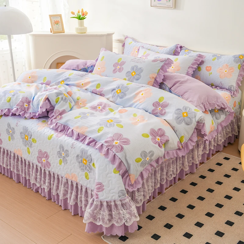 四季款A类泡泡棉蕾丝花边夹棉床盖四件套韩版公主风可机洗非纯棉