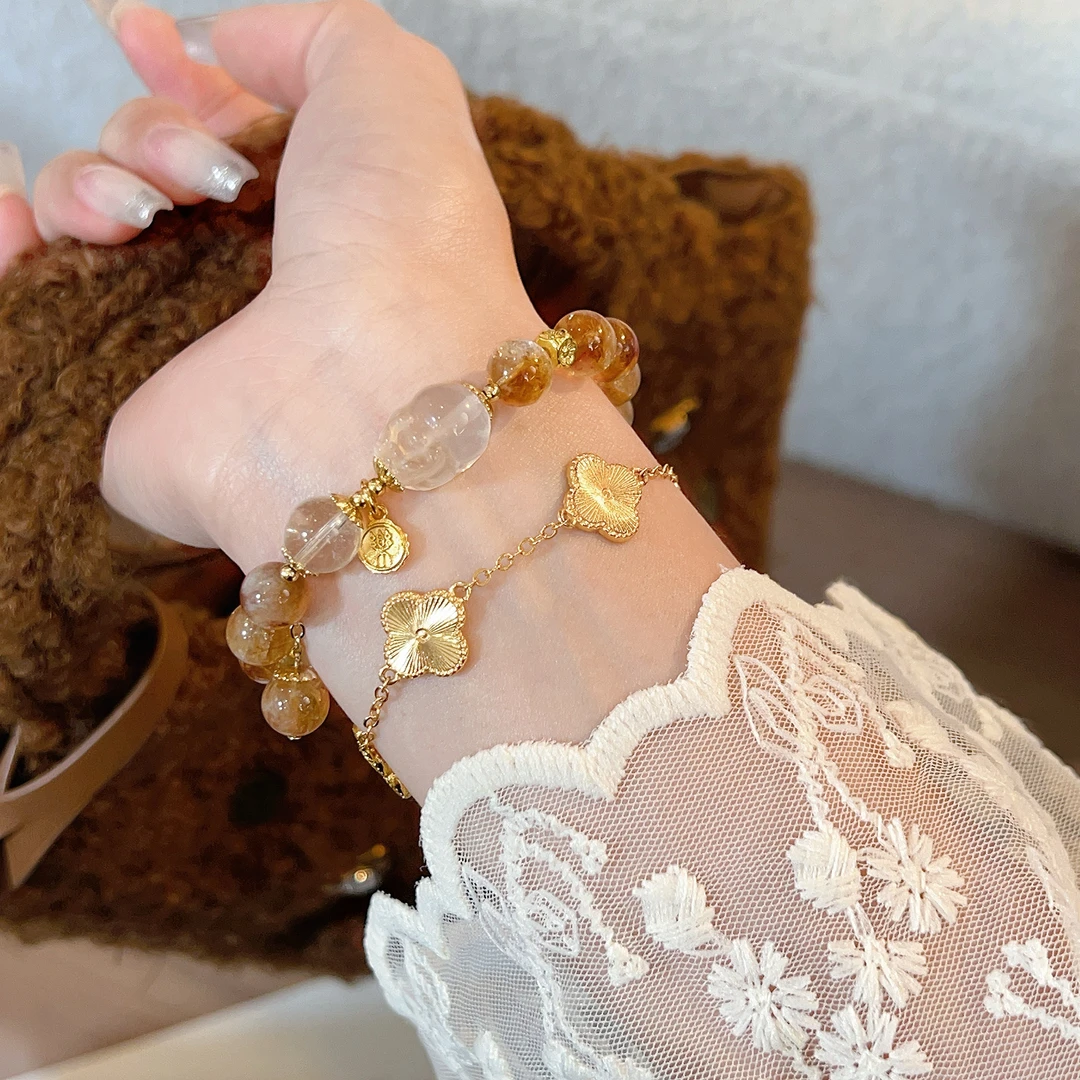 【纳福】黄塔金+白水晶+貔貅手串多样性天然水晶Z120