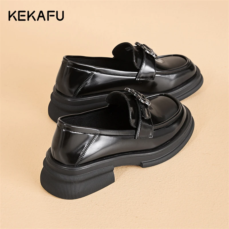 珂卡芙厚底乐福鞋女春季2025新款英伦风小皮鞋一脚蹬黑色法式单鞋