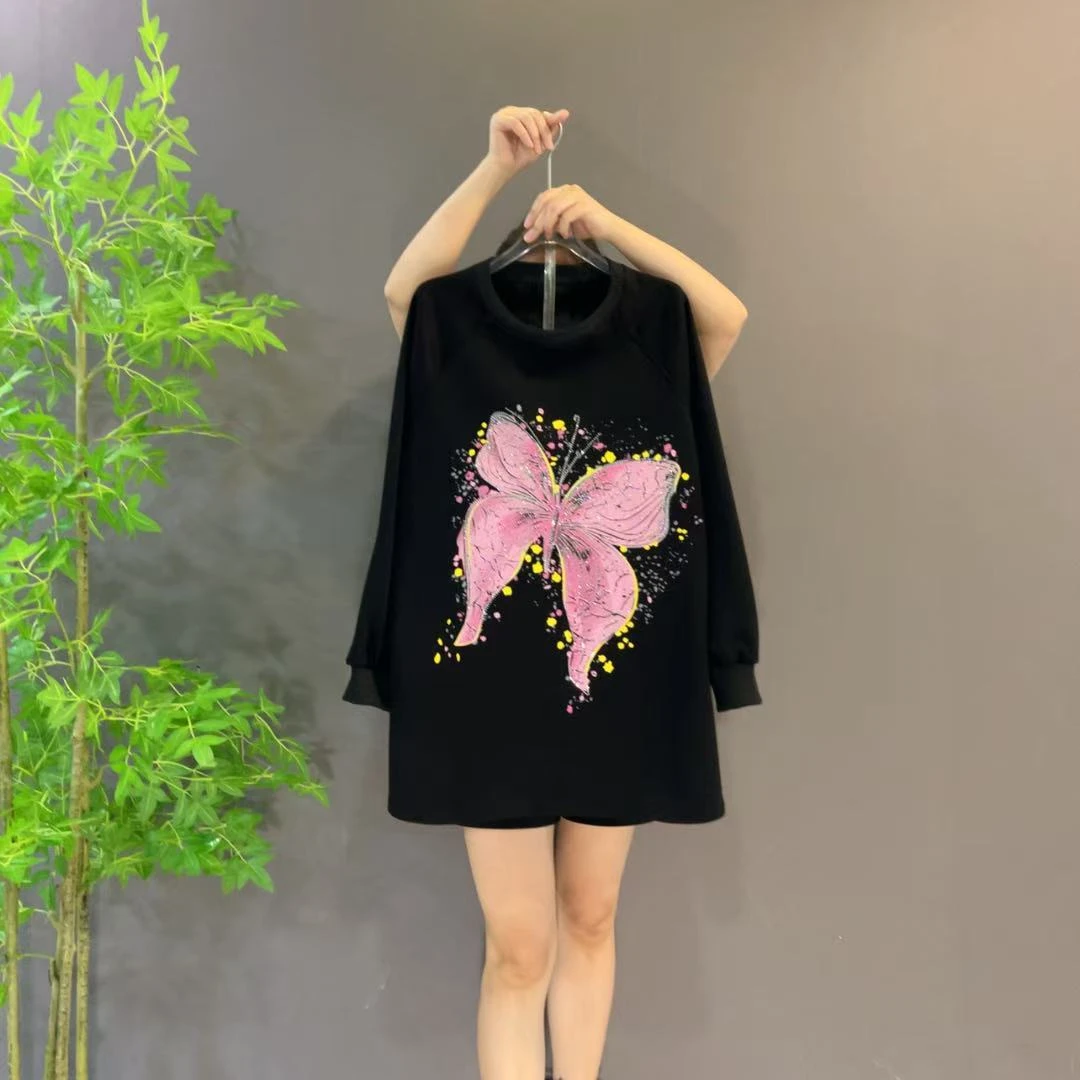 2879秋冬新款加绒蝴蝶减龄休闲百搭宽松圆领长袖中长卫衣（衣长78