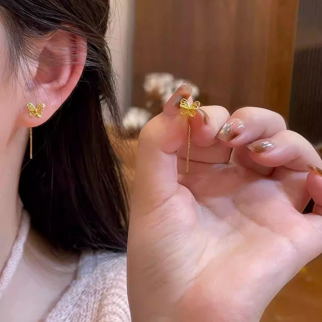 合金耳饰 金色镂空蝴蝶耳线女轻奢小众高级感百搭气质流苏耳环