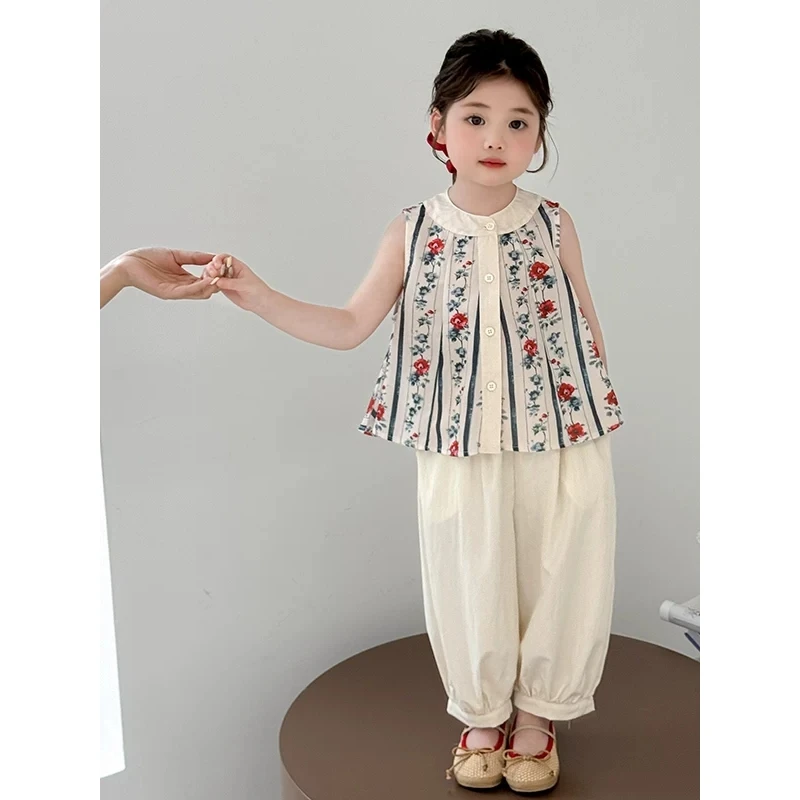 女童夏季无袖套装2025新款儿童背心阔腿裤时髦两件套宝宝薄款衣服
