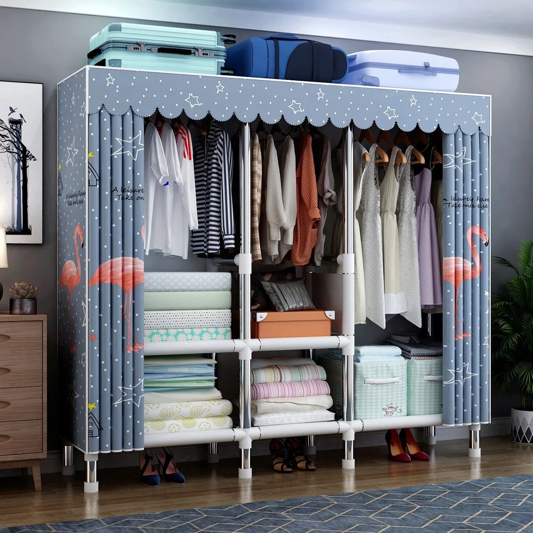 新疆包邮简易衣柜布衣柜加厚钢管卧室挂衣柜出租房家用双单人衣架