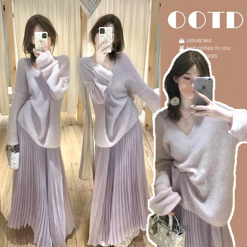 韩版孕妇装纯欲风V领宽松毛衣+潮妈百褶半身裙两件套套装