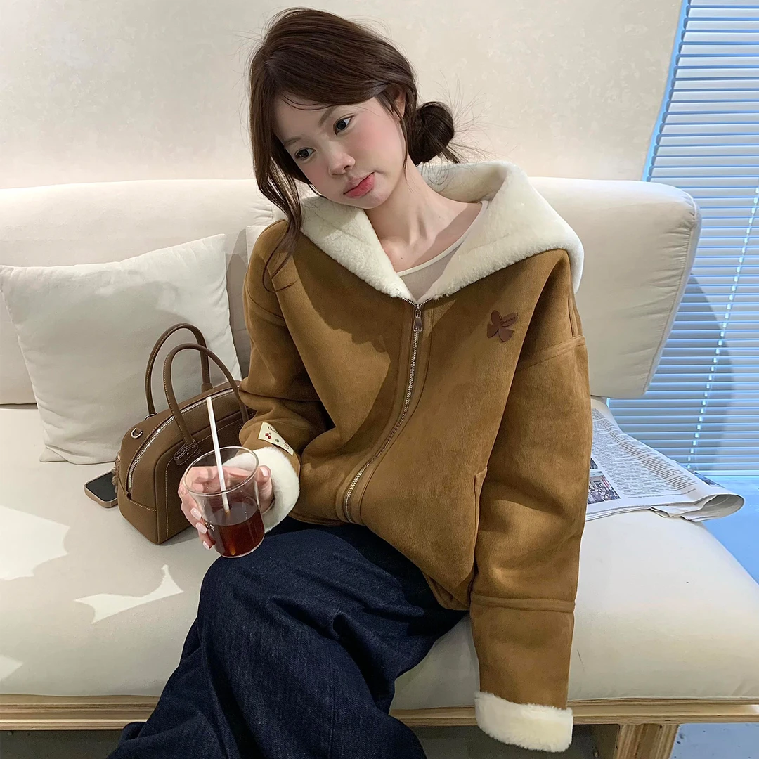 秋冬毛绒绒麂皮绒皮毛一体巨好看的厚外套女冬小个子加厚棉衣冬季