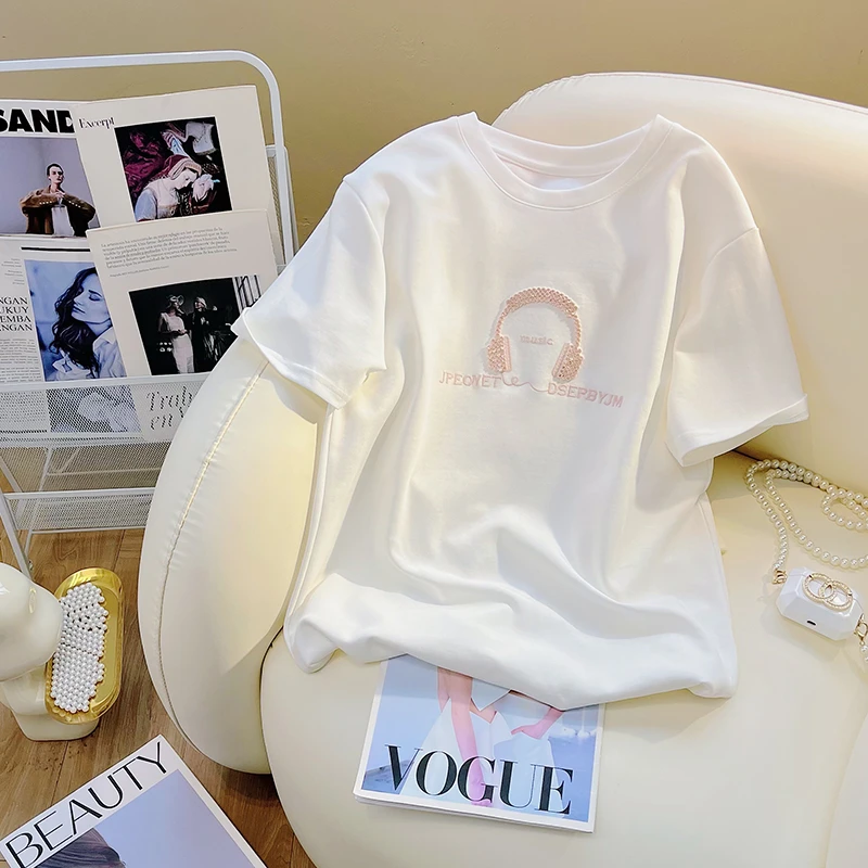 初中学生洋气减龄耳机设计短袖t恤女夏季2025新款小个子显瘦上衣