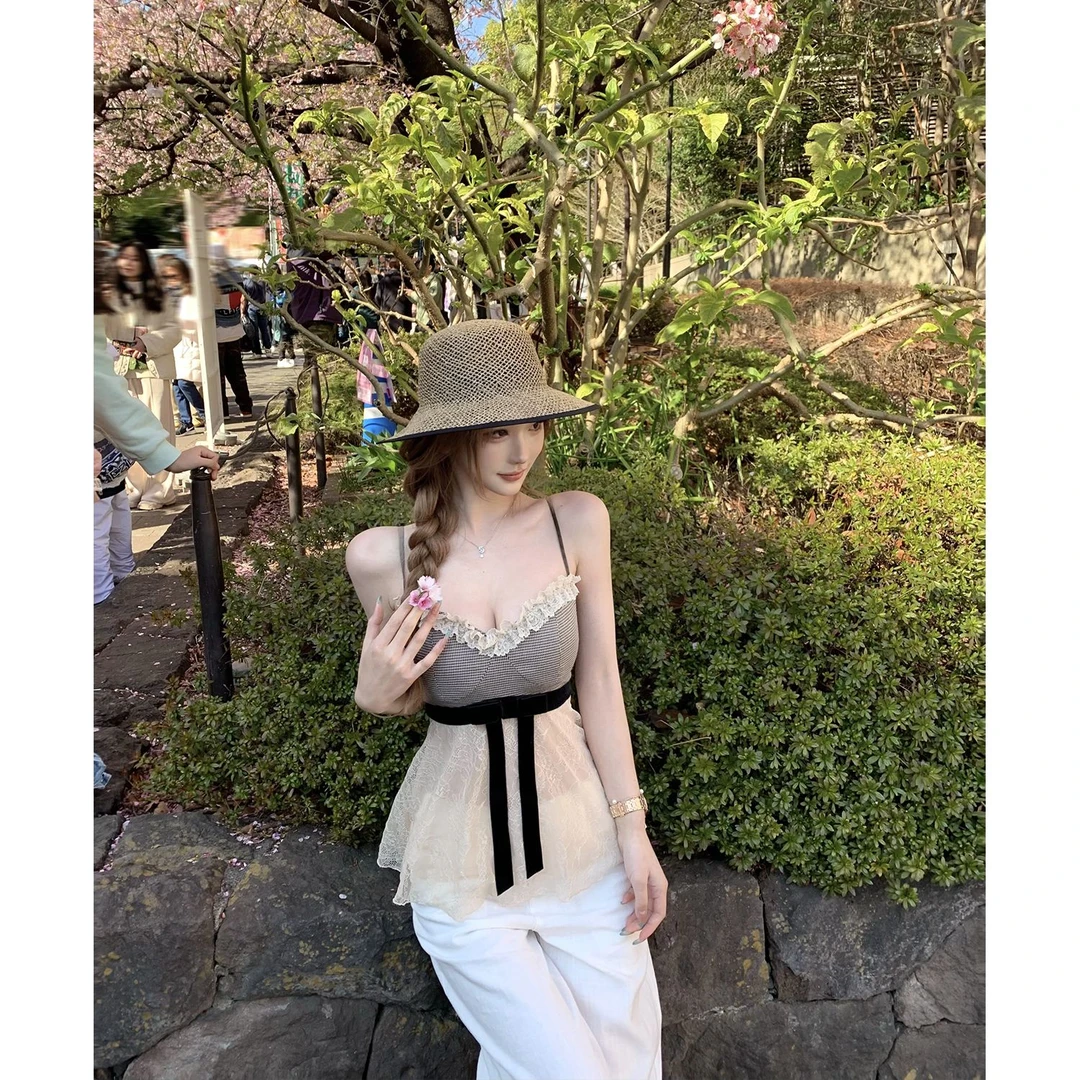 初恋白月光甜美吊带背心女夏设计感蝴蝶结收腰无袖上衣