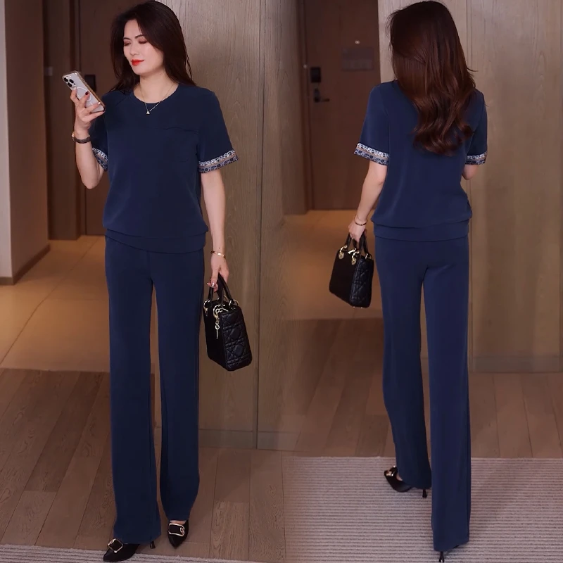 时尚休闲运动套装女2025夏季新款洋气显瘦圆领短袖上衣阔腿裤套装