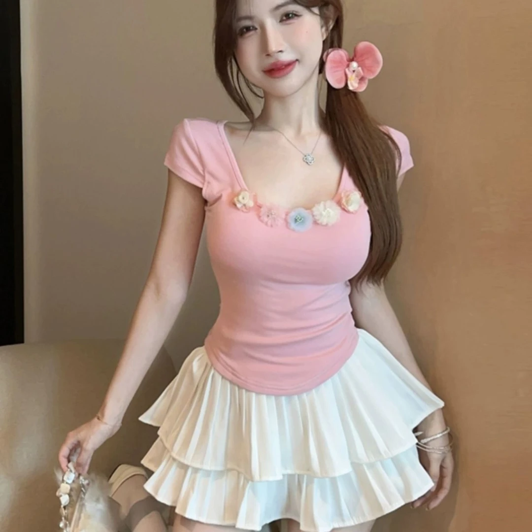 2025夏季新款设计感立体花短袖修身上衣高腰百褶半身蛋糕裙裤套装