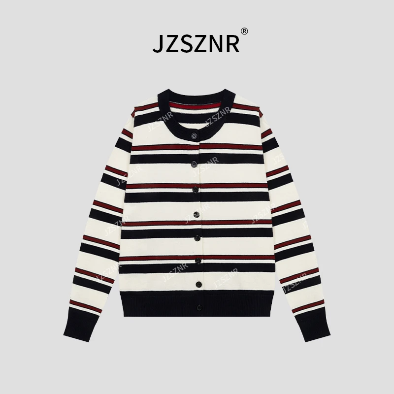 橘子树在哪儿复古条纹针织开衫女秋季设计感外穿显瘦正肩长袖上衣