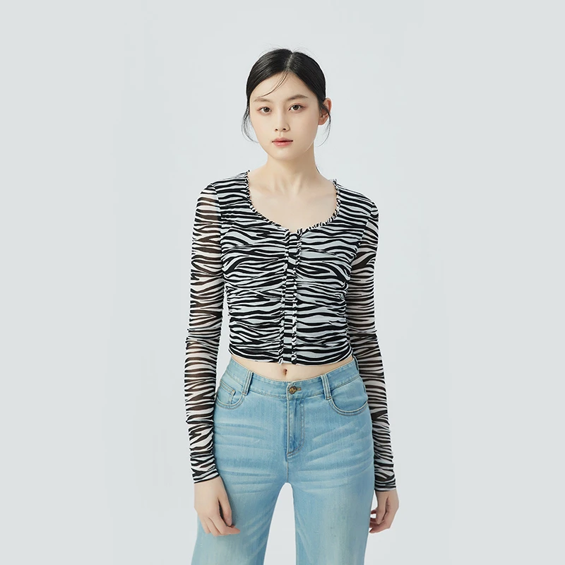 哥弟新款女装时尚气质U领弹力丝网长袖衫薄款气质通勤T恤1300883