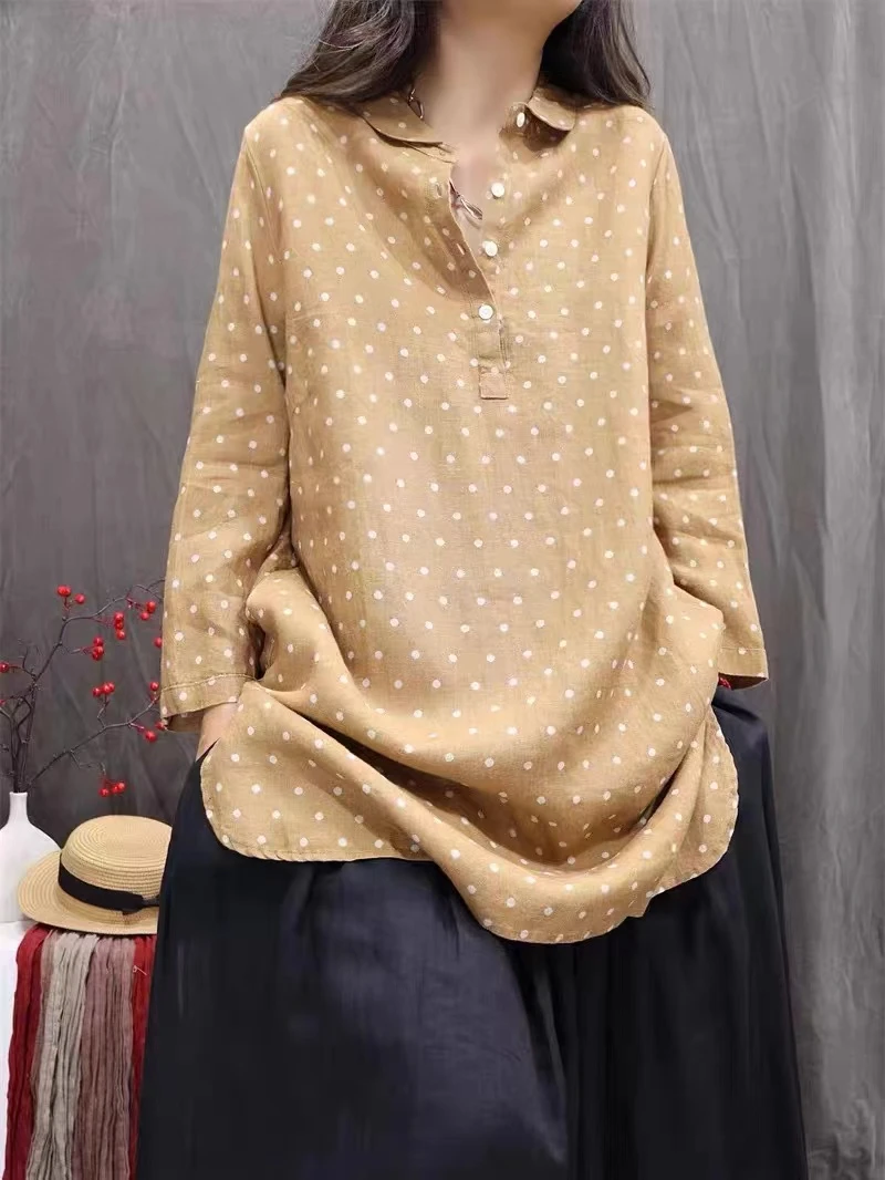 复古半开领衬衣宽松休闲百搭下摆开叉黄色波点防晒长袖翻领衬衫女