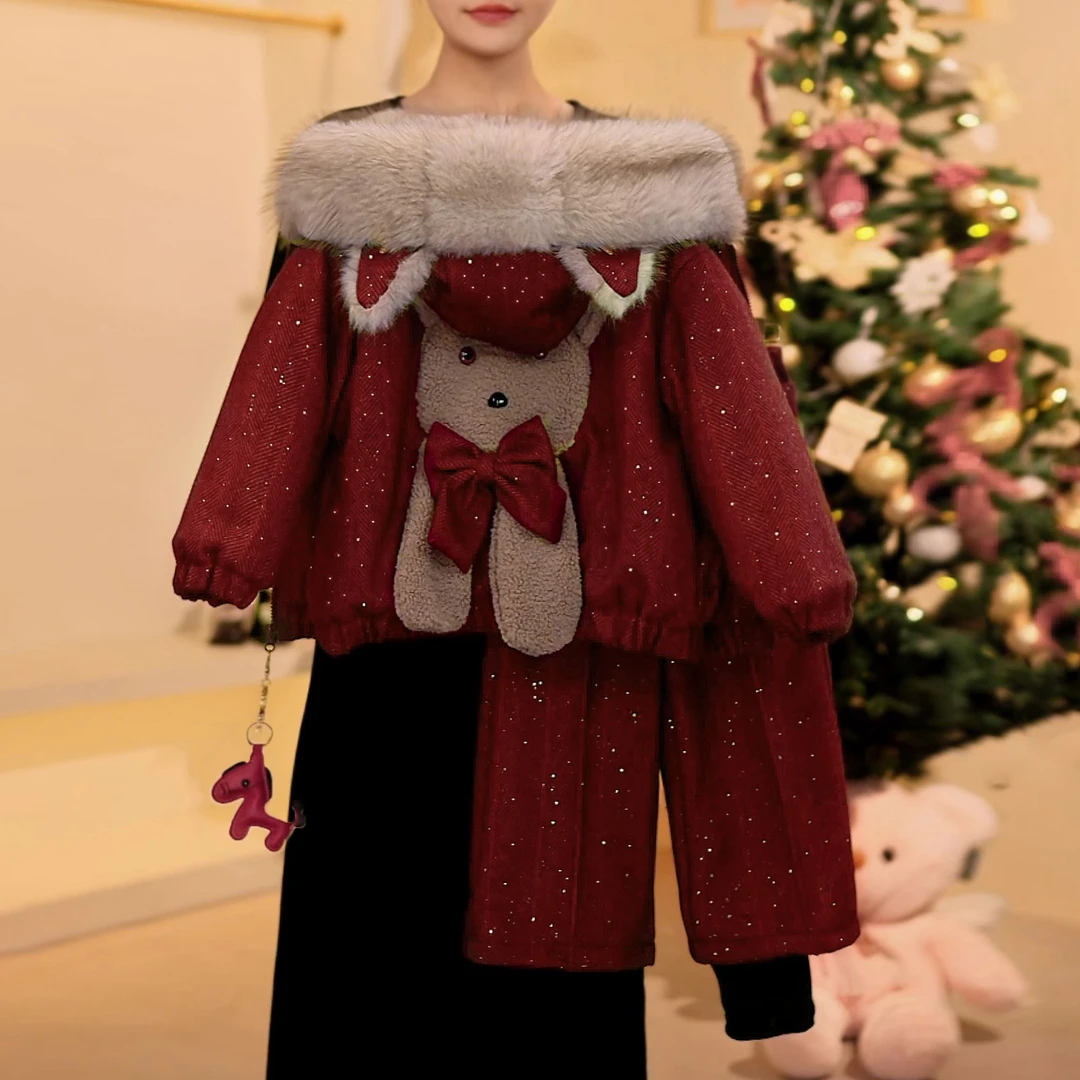 2025冬季圣诞年货款大毛领加绒加厚可爱毛毛女童外套5530007155