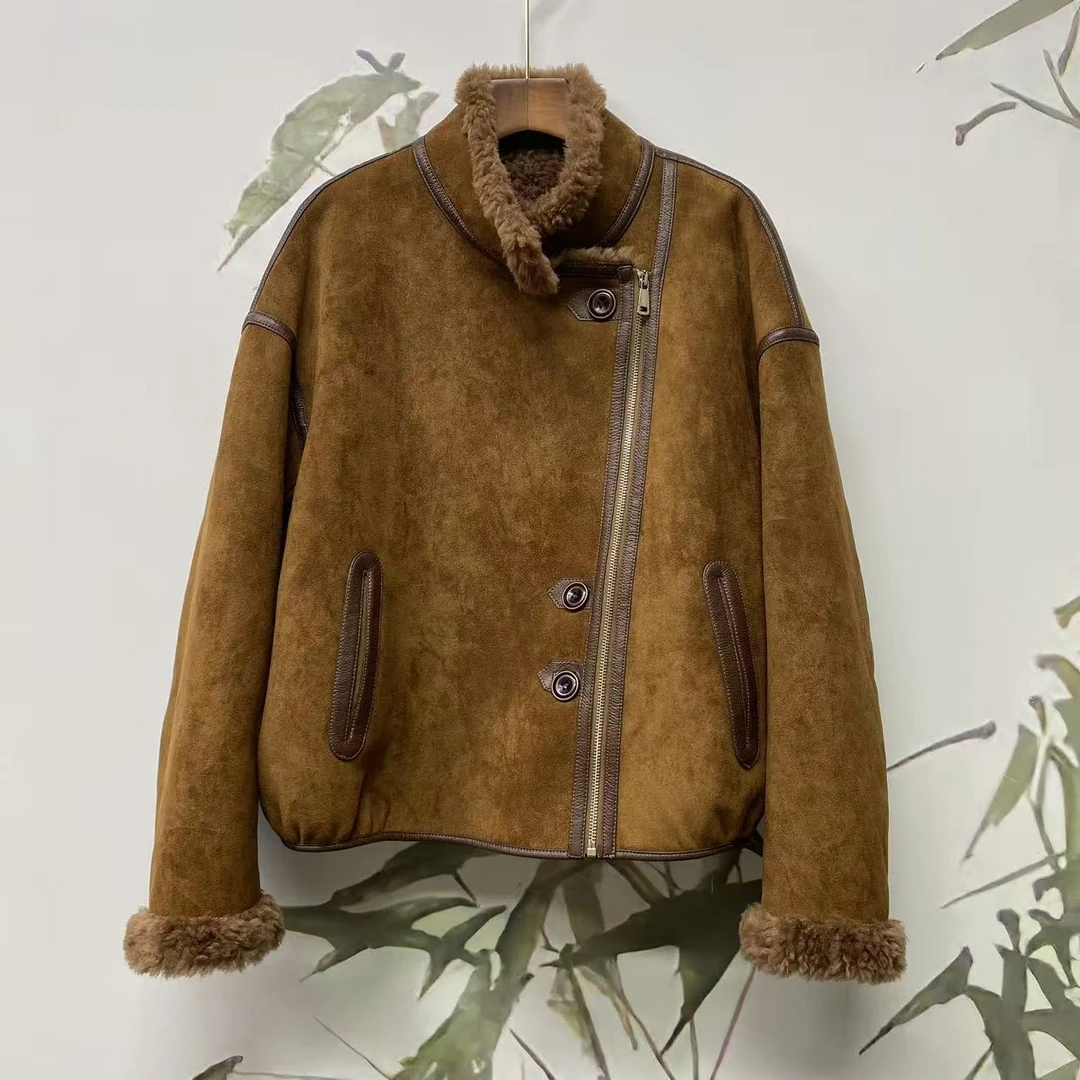 知羽.香云 100澳洲绵羊毛两面穿羊羔毛时尚老钱风翻领外套ZY590