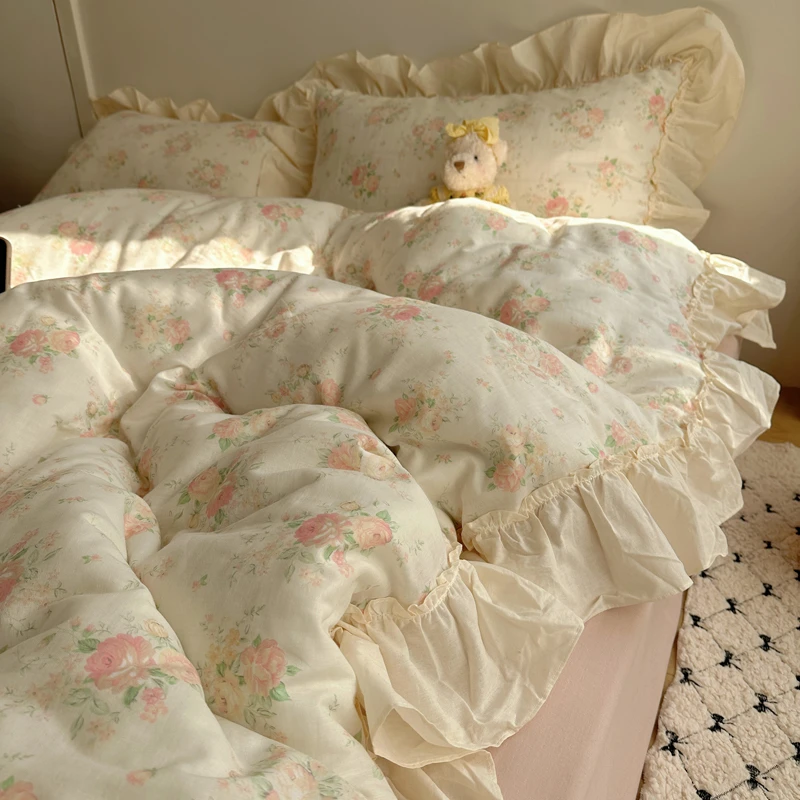 屋顶花园|韩系博主风花边款小碎花A类全棉双层纱四件套柔软亲肤