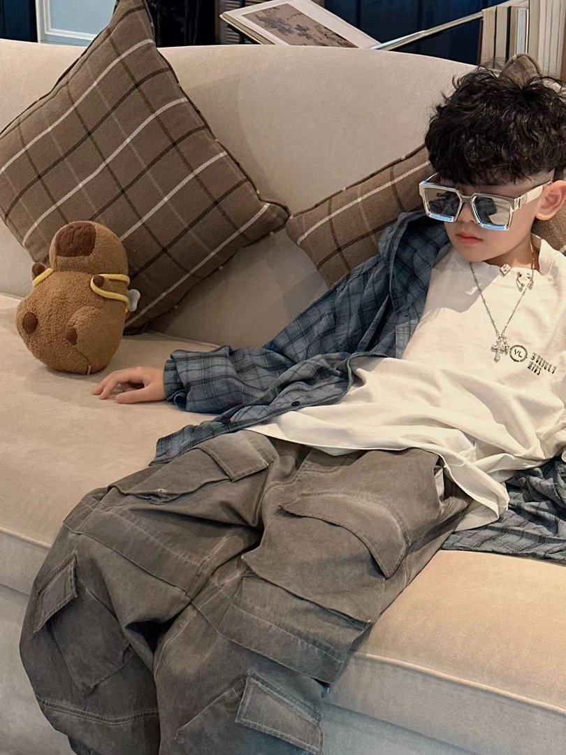 【蜡小新】【口袋工装】超酷的纱洗工艺韩版休闲工装裤，模特穿150，