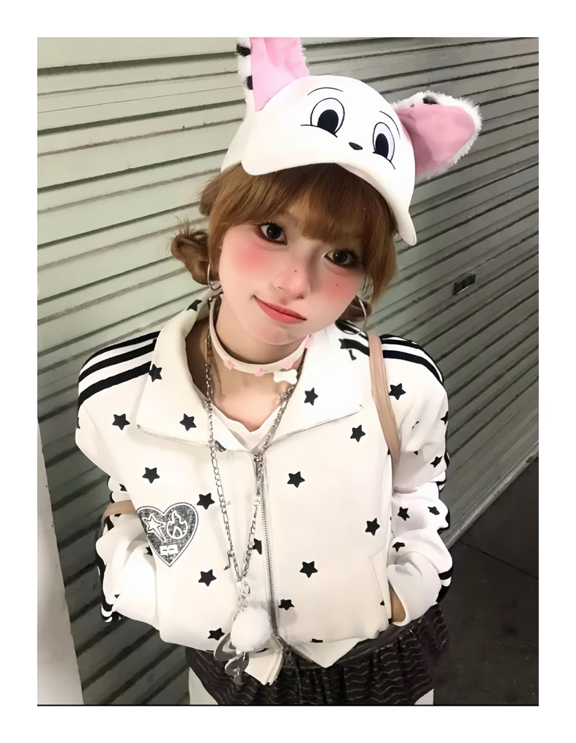 美式辣妹立领卫衣女早秋星星满印双拉链外套修身显瘦运动短款上衣