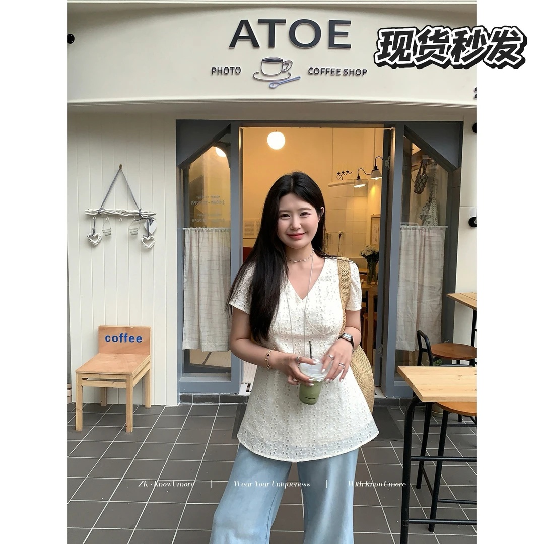 【现】知葵微胖定制【长岛情书】夏季韩系V领收腰显瘦衬衫12251CS6757