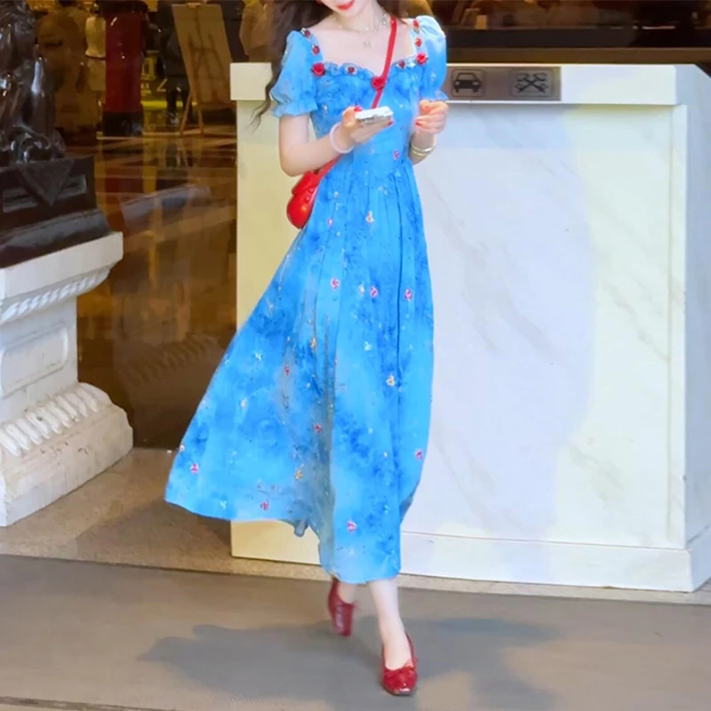 法式超好看蓝色连衣裙子女夏季2025新款夏日绝美独特漂亮掐腰长裙