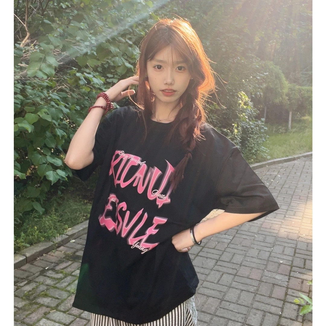 UNUF纯棉小众正肩短袖圆领T恤女男夏季印花宽松显瘦休闲半袖上衣