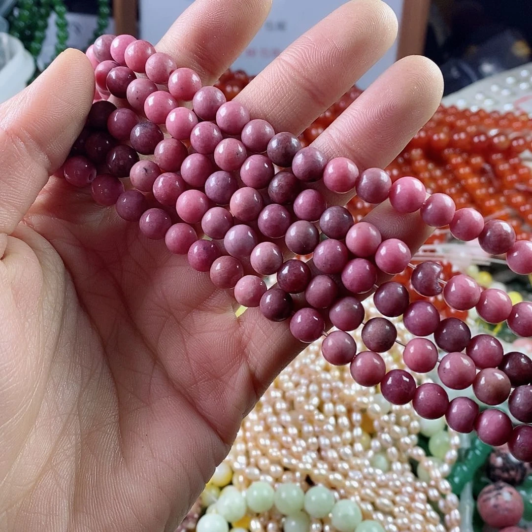 玛瑙/玉髓珠宝半成品合金一条天然7mm粉蔷薇石圆珠E179
