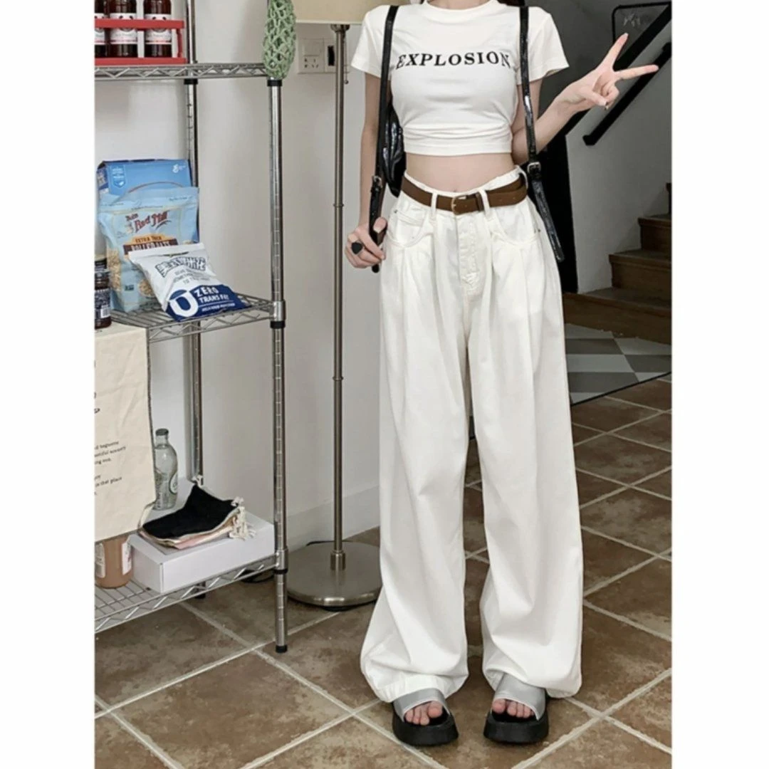 美式胖妹妹韩系白色高腰阔腿牛仔裤女小个子大码直筒显瘦拖地裤子