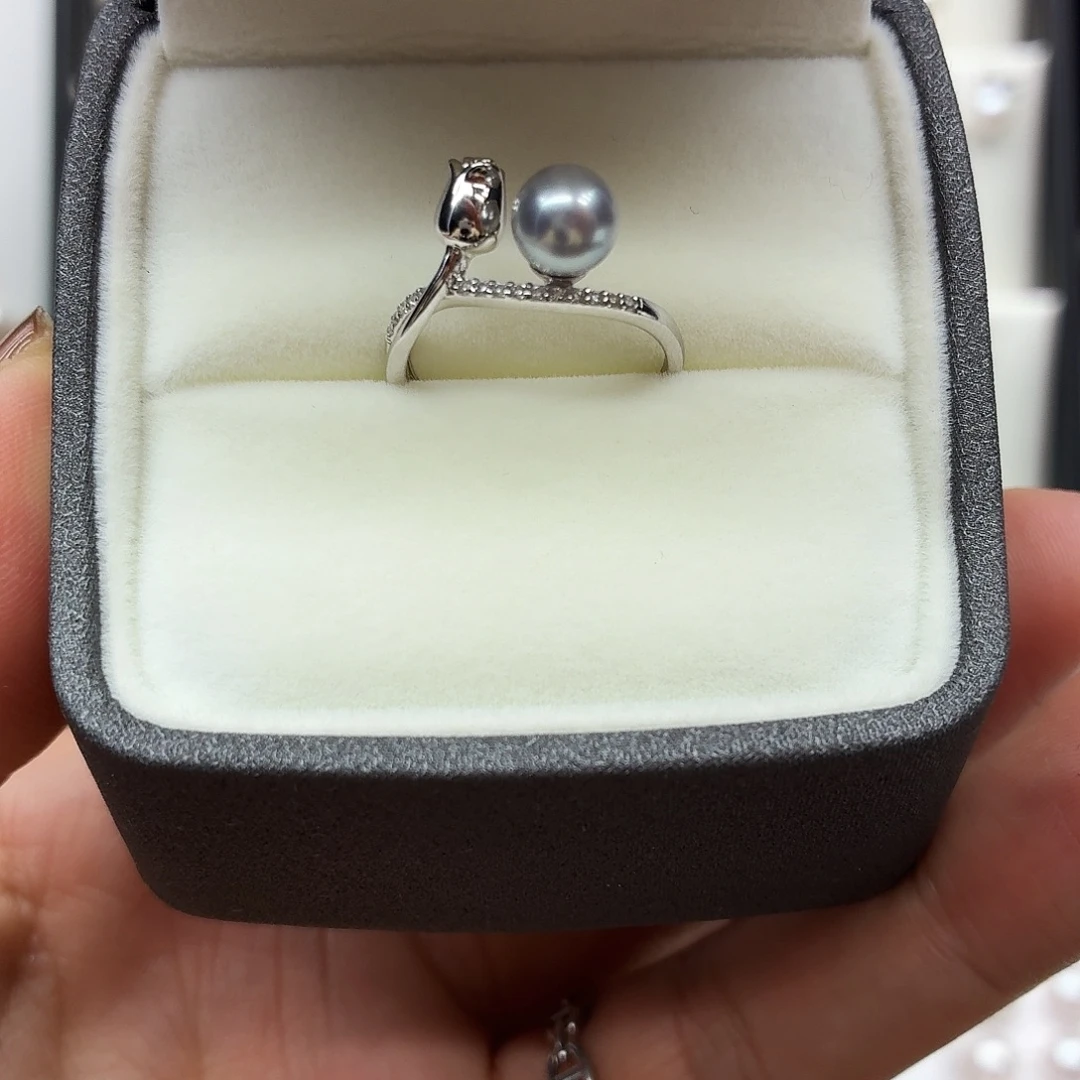 银珍珠戒指设计款6-蓝灰色