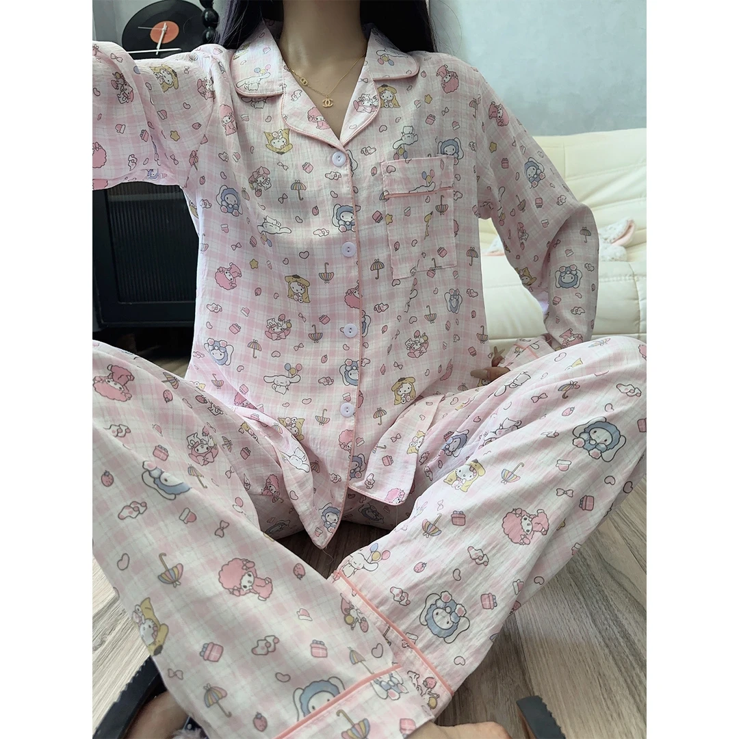格子睡衣女春秋季长袖开衫云朵棉套装新款少女甜美风家居服套装冬