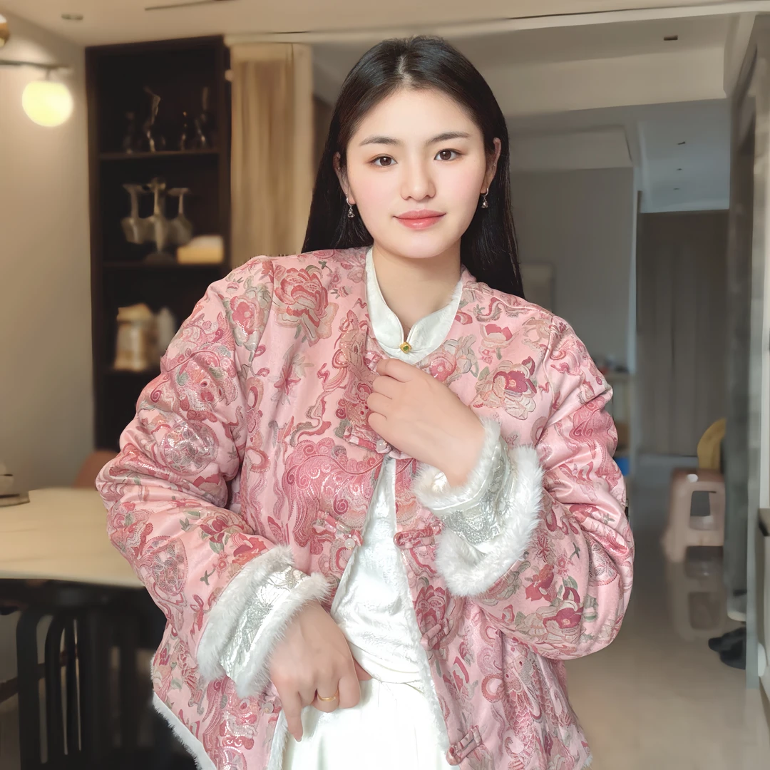 【麒麟】新中式冬季新款圆领宽松加绒加厚外套中国风百搭气质上衣