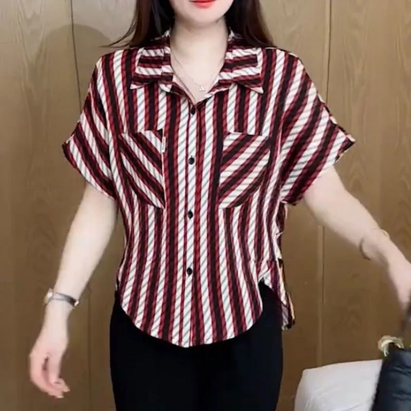 常规休闲风常规款短袖夏季衬衫气质衬衣洋气韩版大码女装条纹