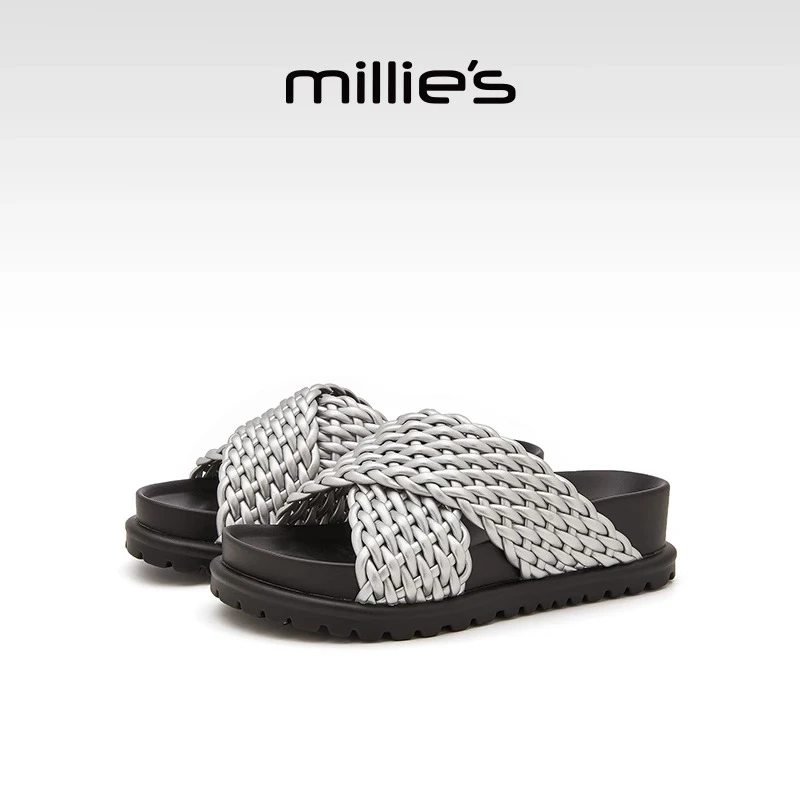 MILLIE'S/妙丽慵懒风编织交叉ins凉拖鞋女透气温柔厚底沙滩凉鞋Z